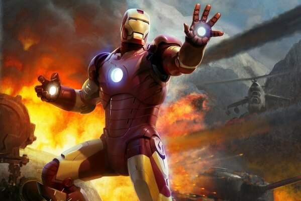 Iron Man fuego llama tanque helicóptero