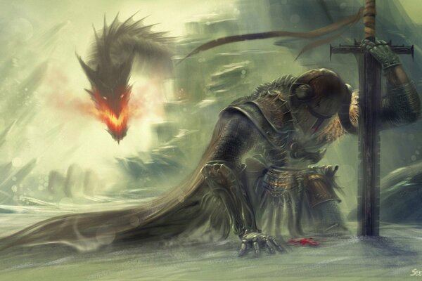 Le guerrier, appuyé sur l épée, se prépare à combattre le dragon