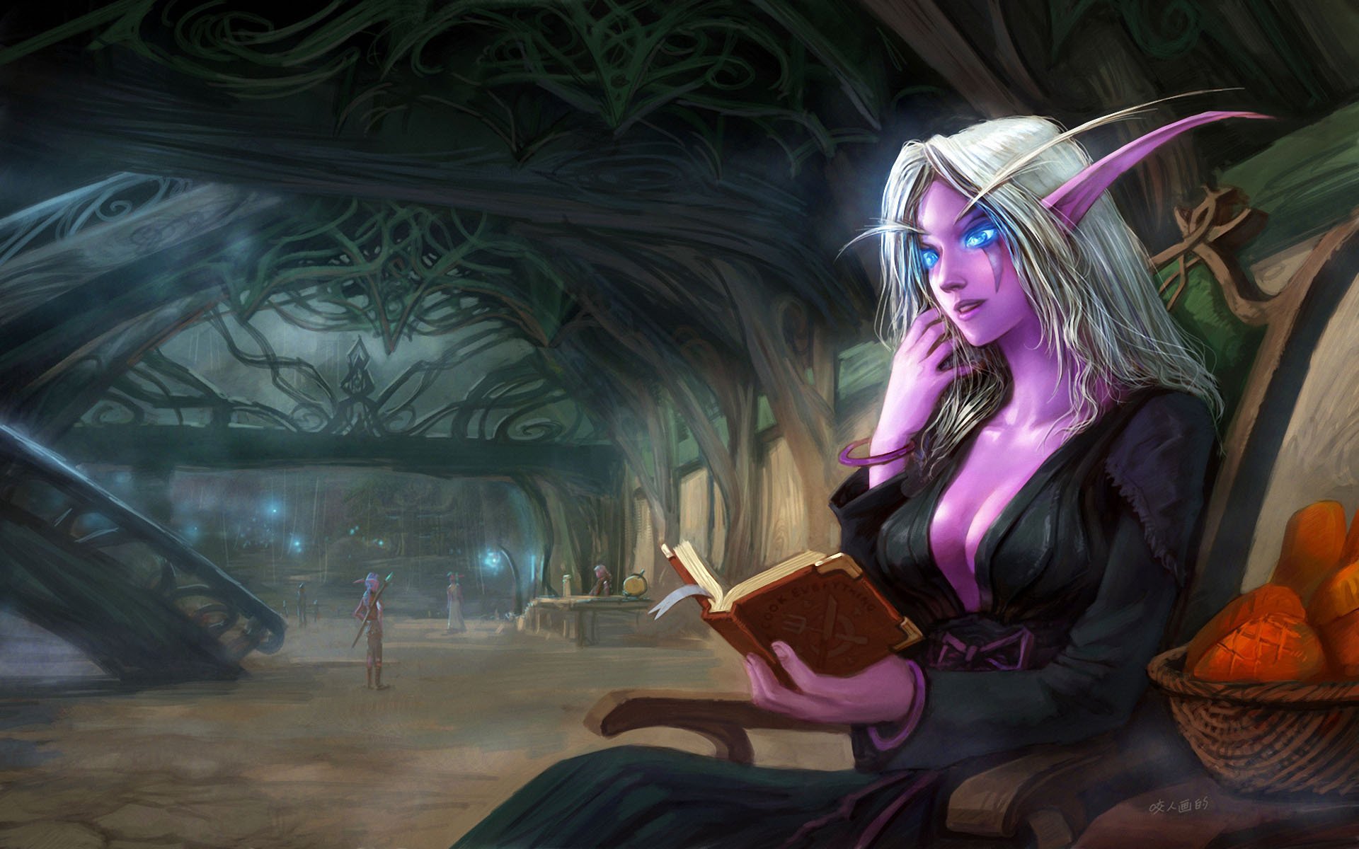 arte yao ren mundo de warcraft wow elfo de la noche elfo sentado libro habitación cesta orejas