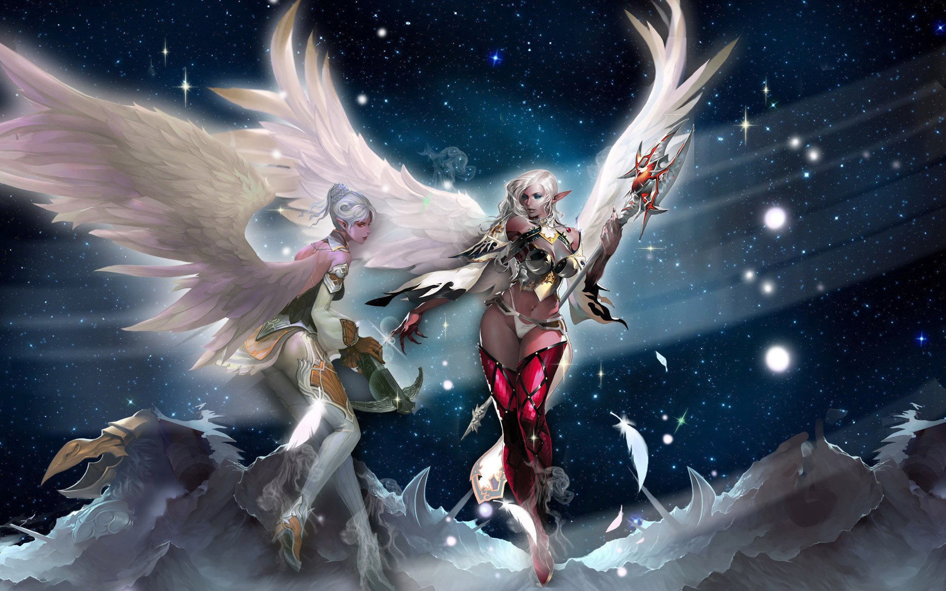 lineage 2 camael filles ailes oreilles bâton arbalète montagnes étoiles pics plumes