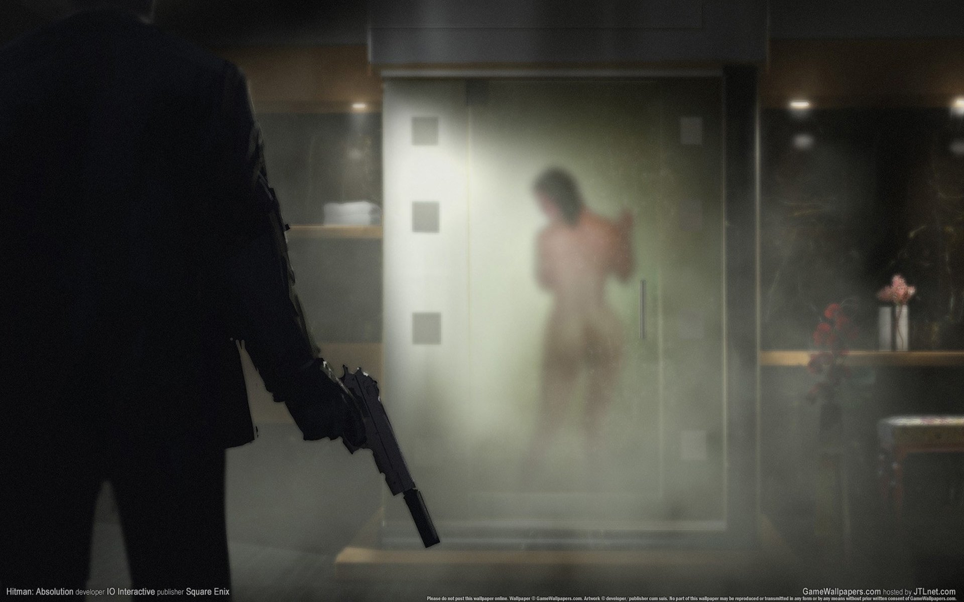 hitman: absolution gun silverballer silencer weapon girl shower agent 47 assassin forty-seventh gloves suit bathroom nude