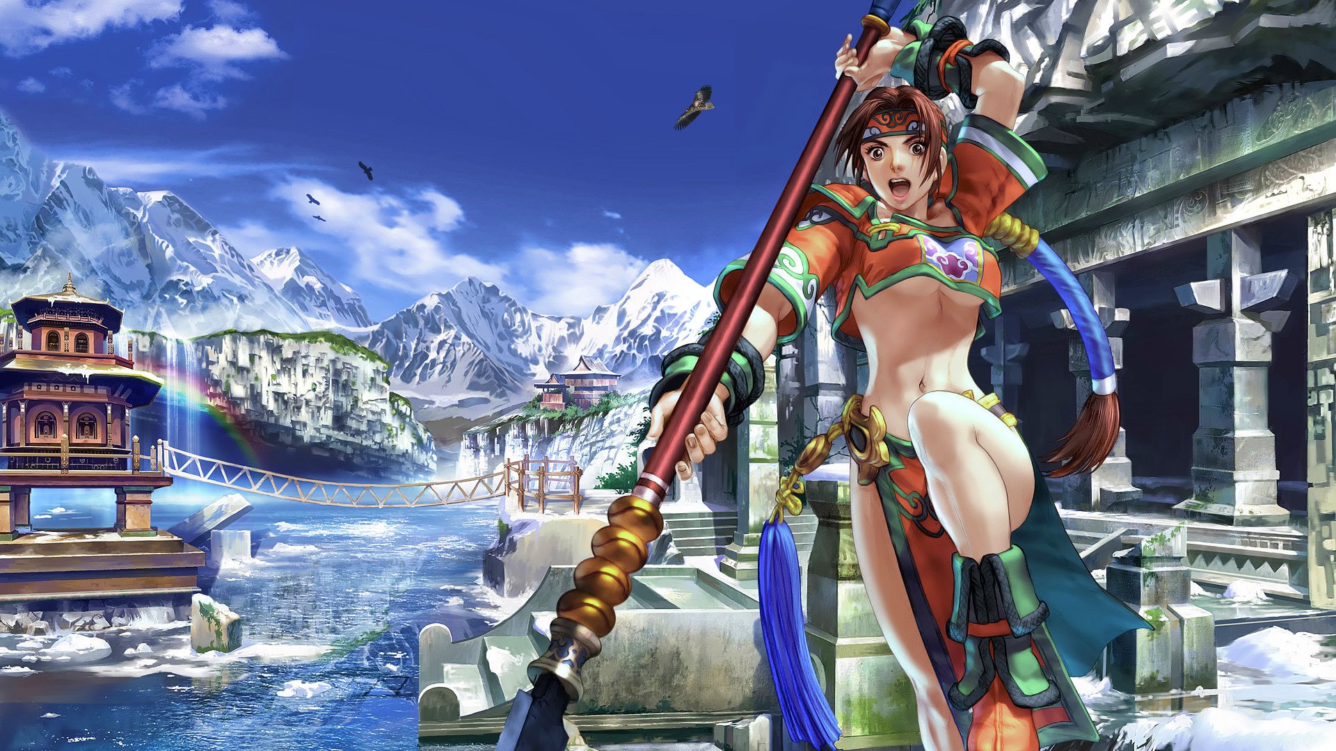 oul calibur konoe girl warrior samurai weapon jump rainbow mountain snow water birds waterfall