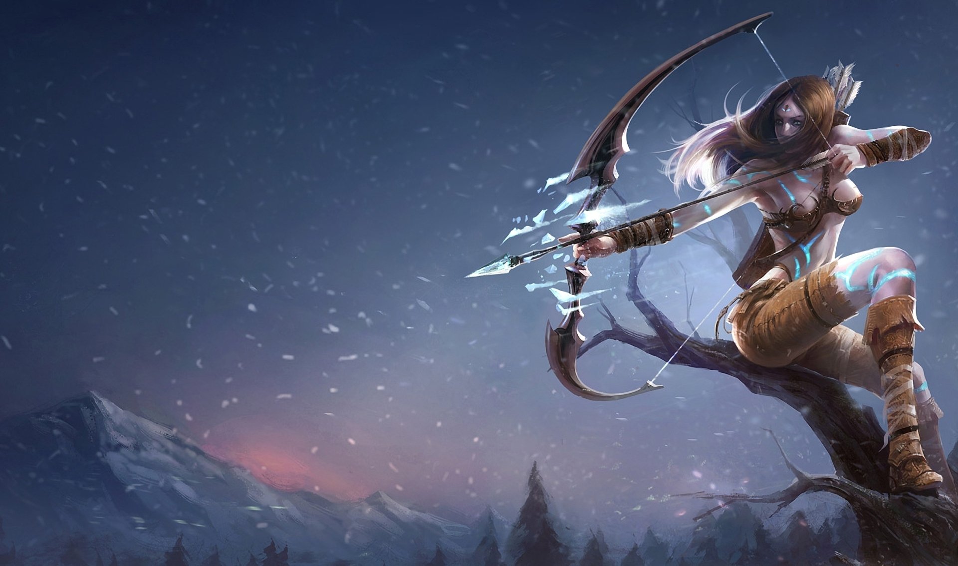 league of legends mädchen schnee berge baum bogen bogenschütze eis