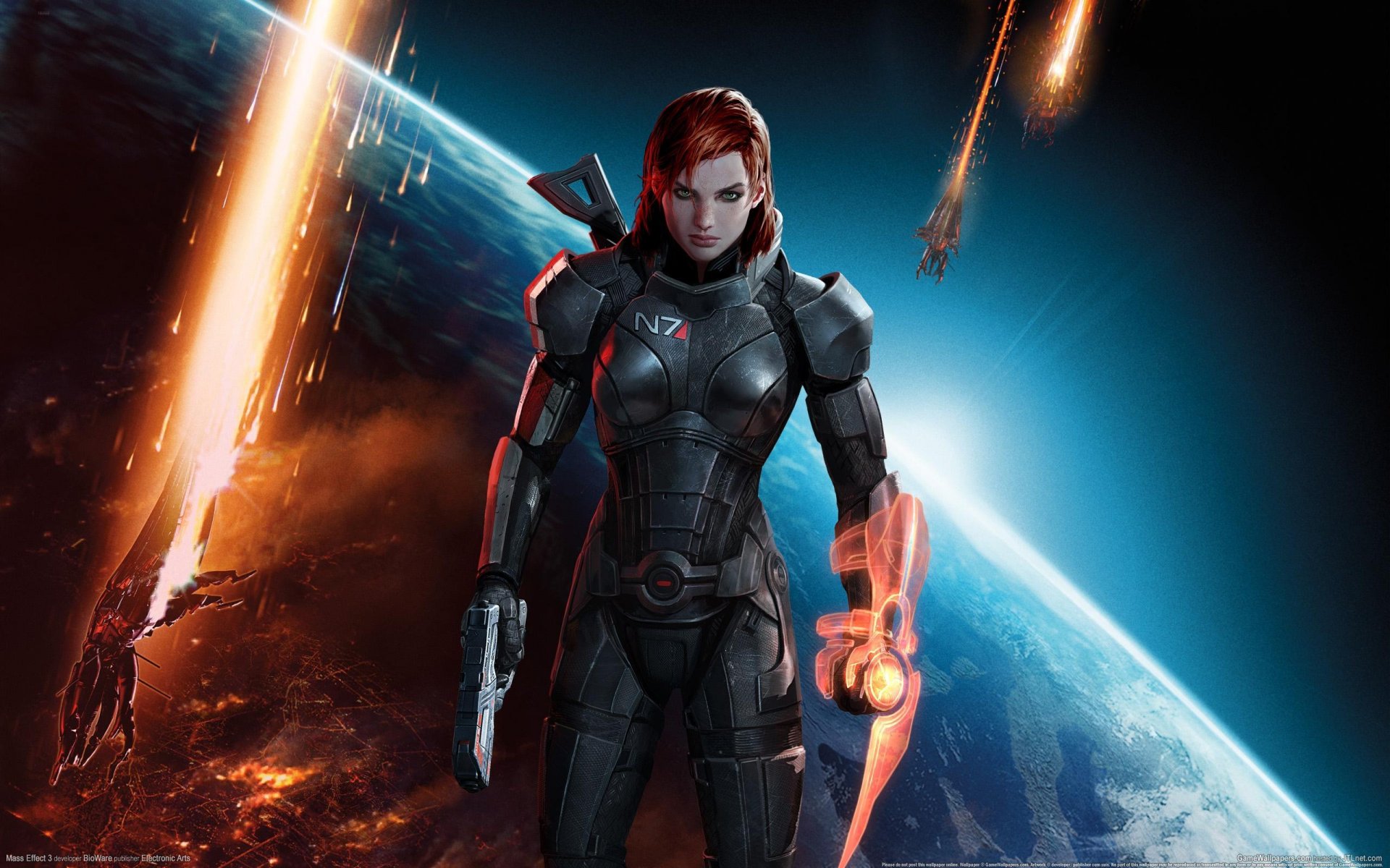 mass effect 3 fondo de pantalla del juego n 7 shepard ojos verdes pelo rojo chica armadura armas tierra espacio ojos verdes pelirroja espacio naves explosiones