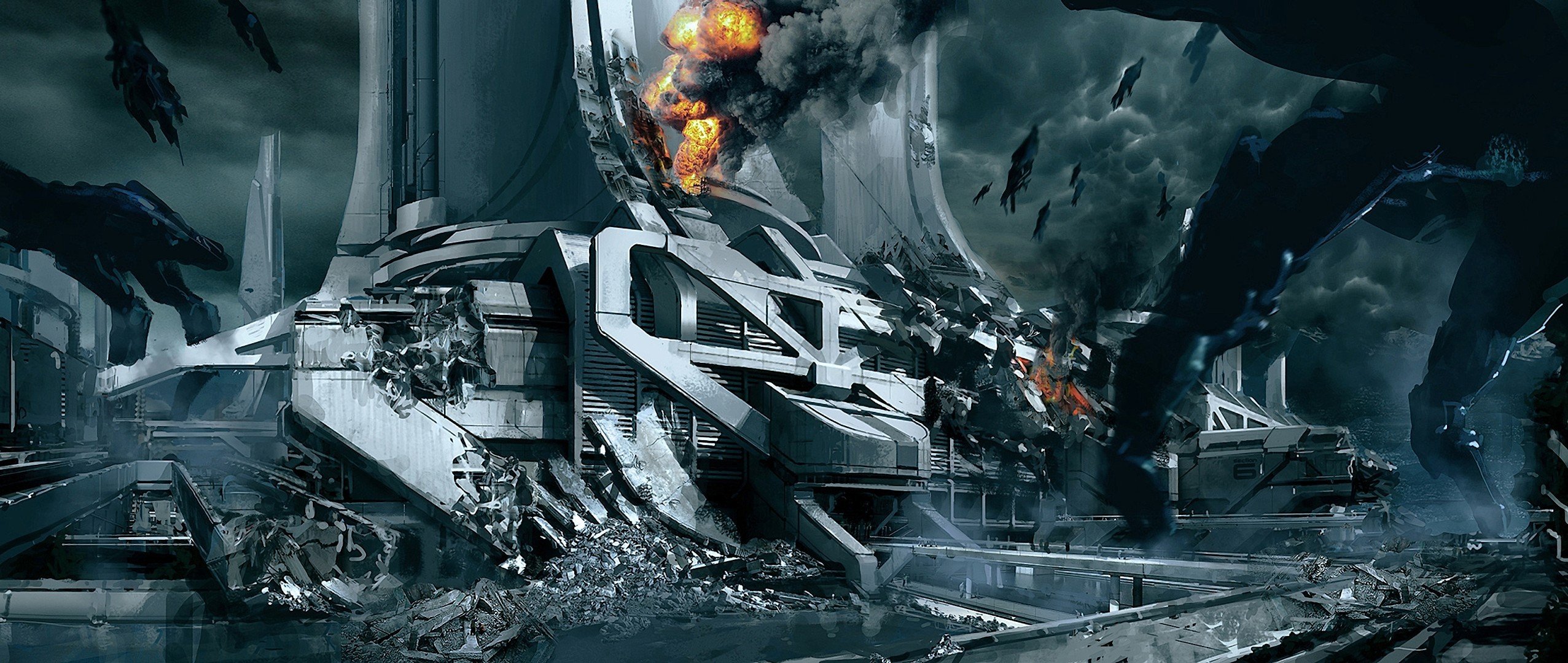 mass effect 3 concept art ville thessia reaper feu navires ruines fumée