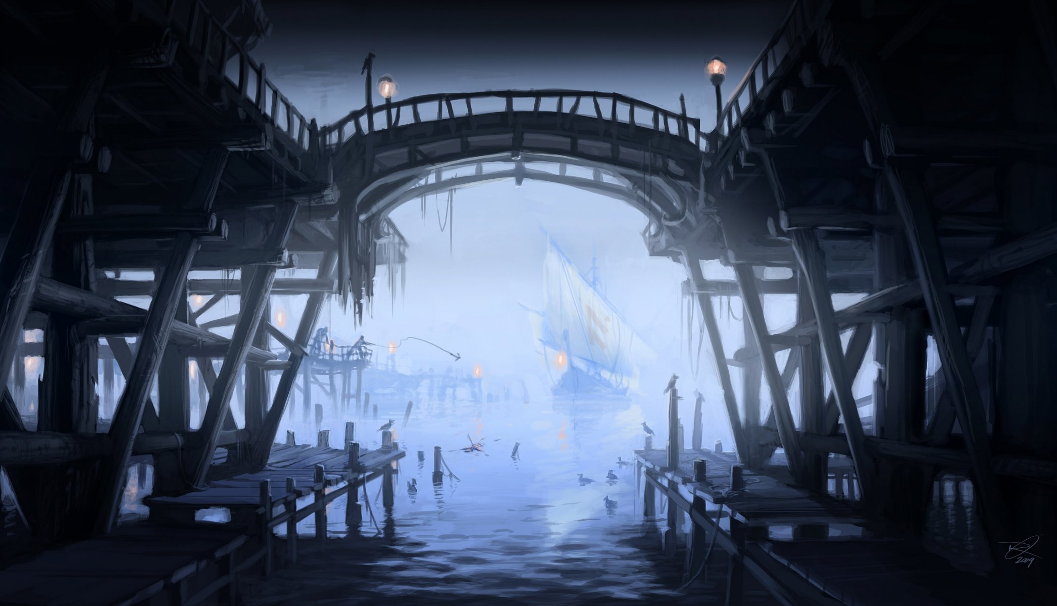 the elder scrolls v skyrim concept art wharf ships the port sailboats gulls lamp