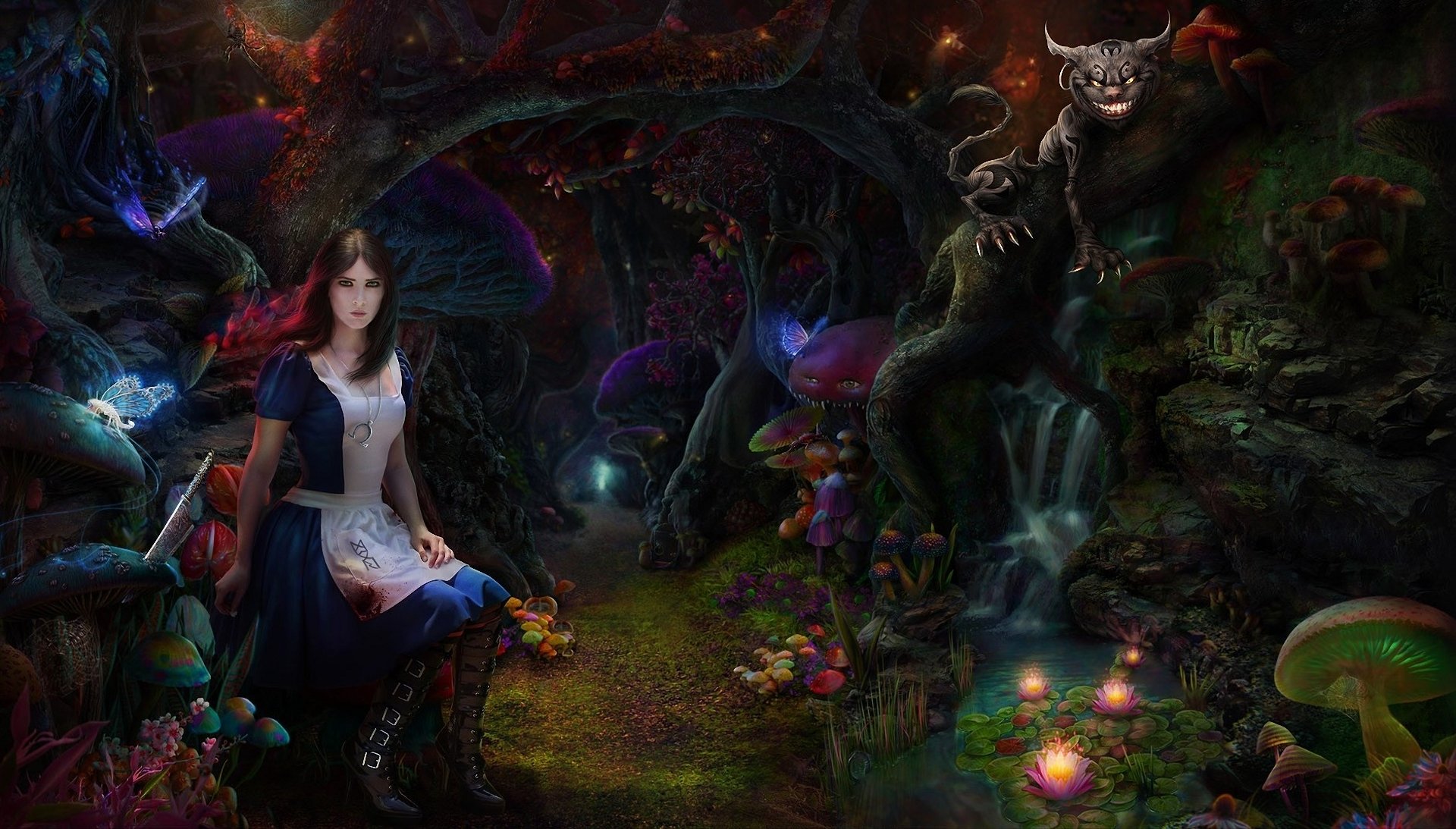 alice madness returns arte ragazza gatto cheshire foresta funghi boschetto