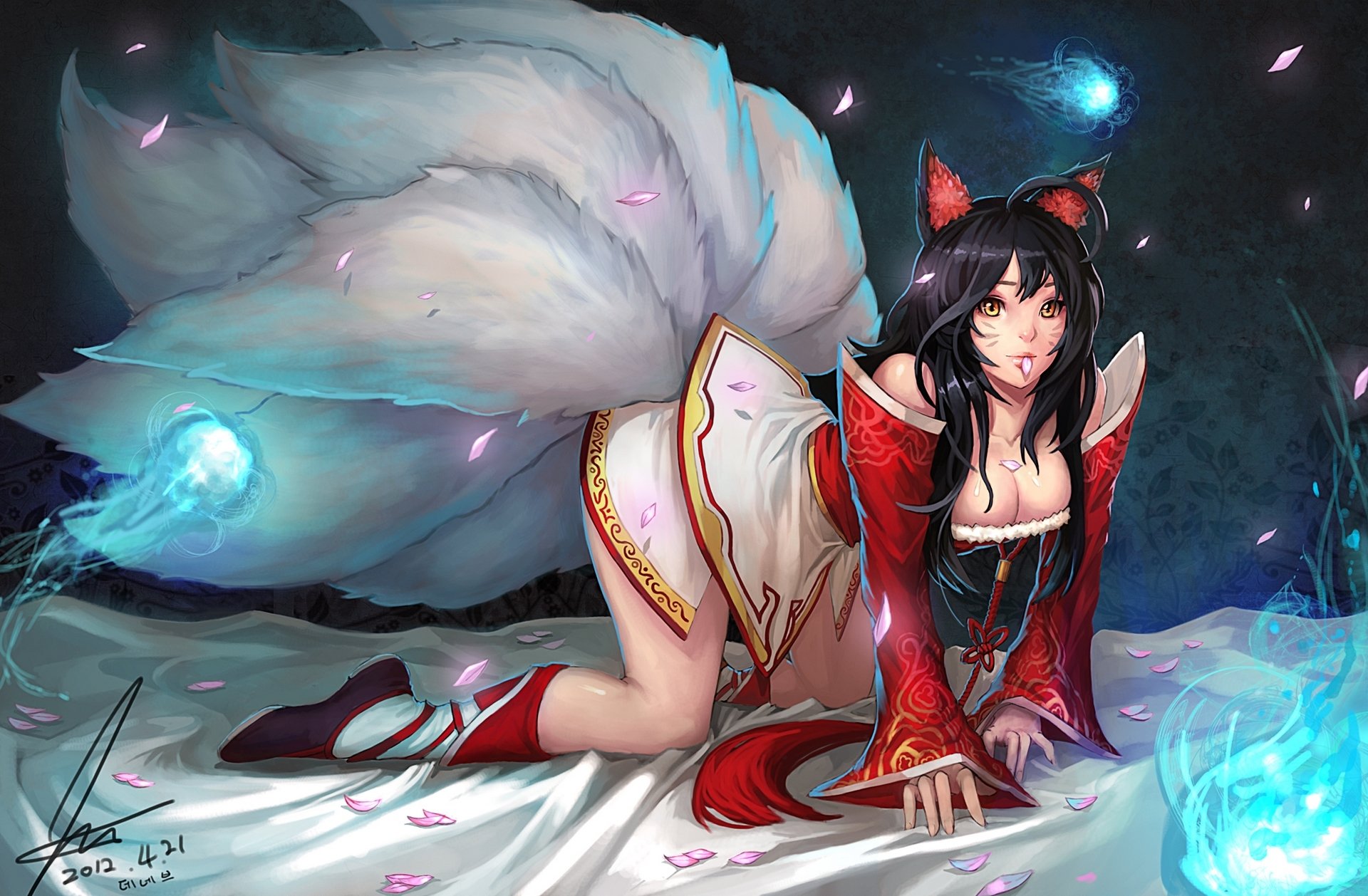 liga de leyendas ahri chica orejas de animal pétalos botas flequillo orejas de zorro cola