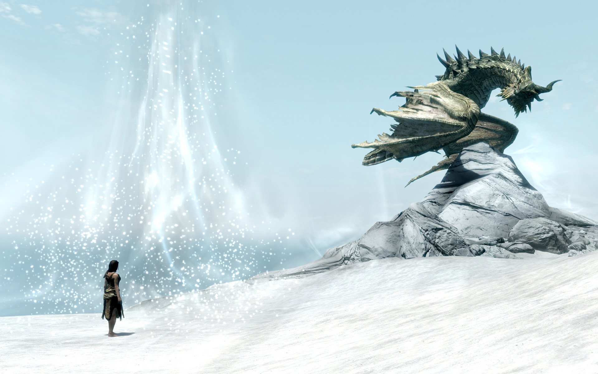 the elder scrolls v skyrim winter schnee mädchen drache rock