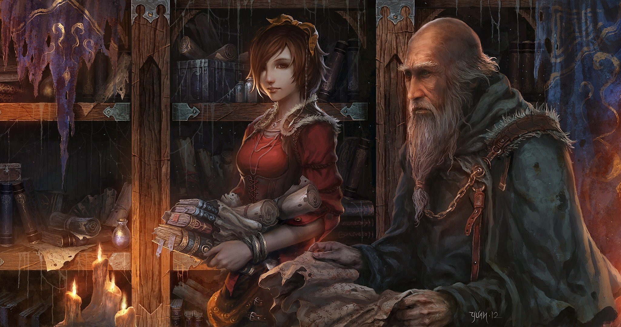 diablo 3 sztuka chaoyuanxu deckard cain leah dziewczyna stary człowiek świece książki zwoje biblioteka pajęczyna rękopis szafa