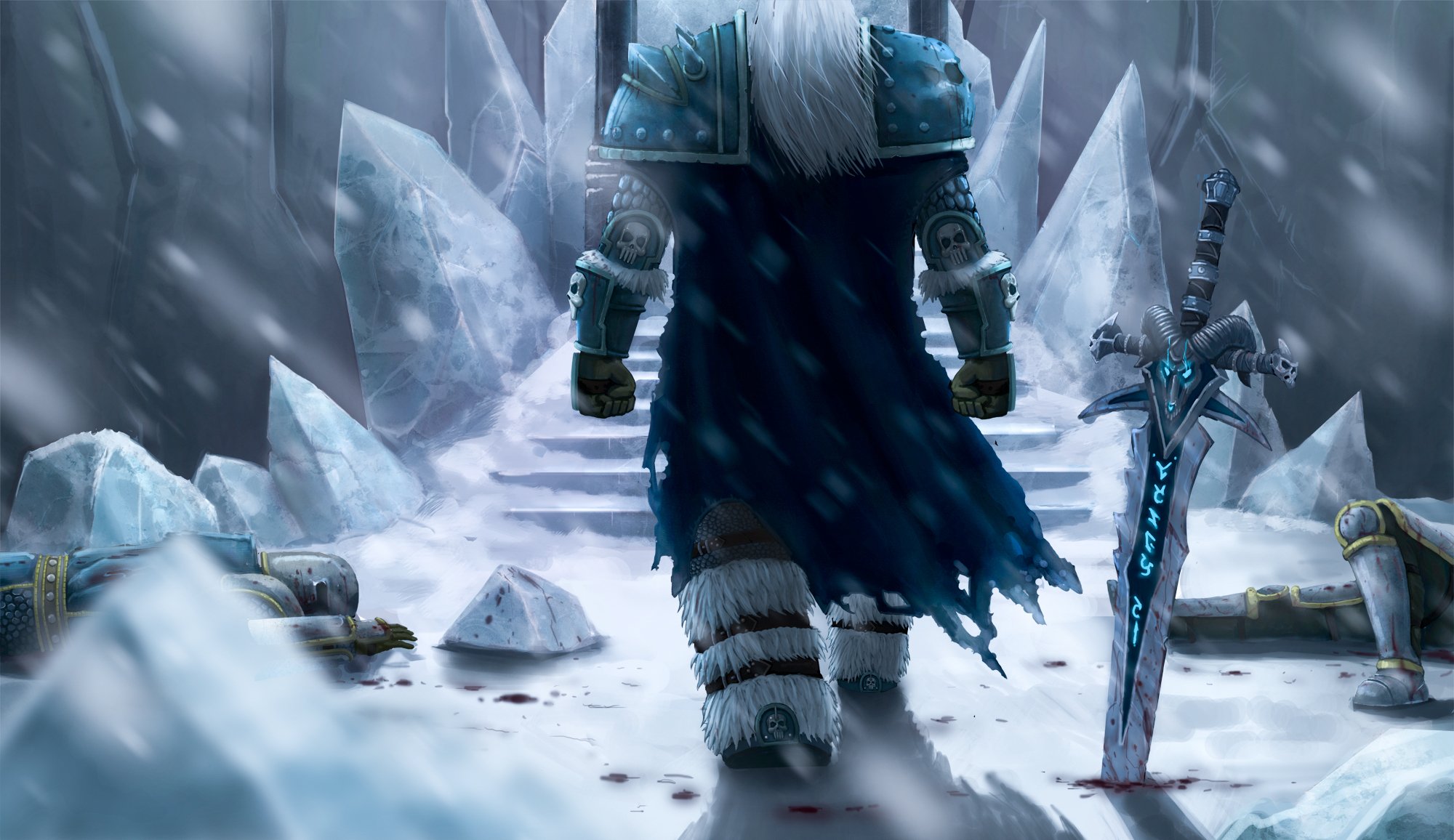 mundo de warcraft wow fanart rey exánime arthas invierno nieve hielo cadáveres espada tormenta de nieve