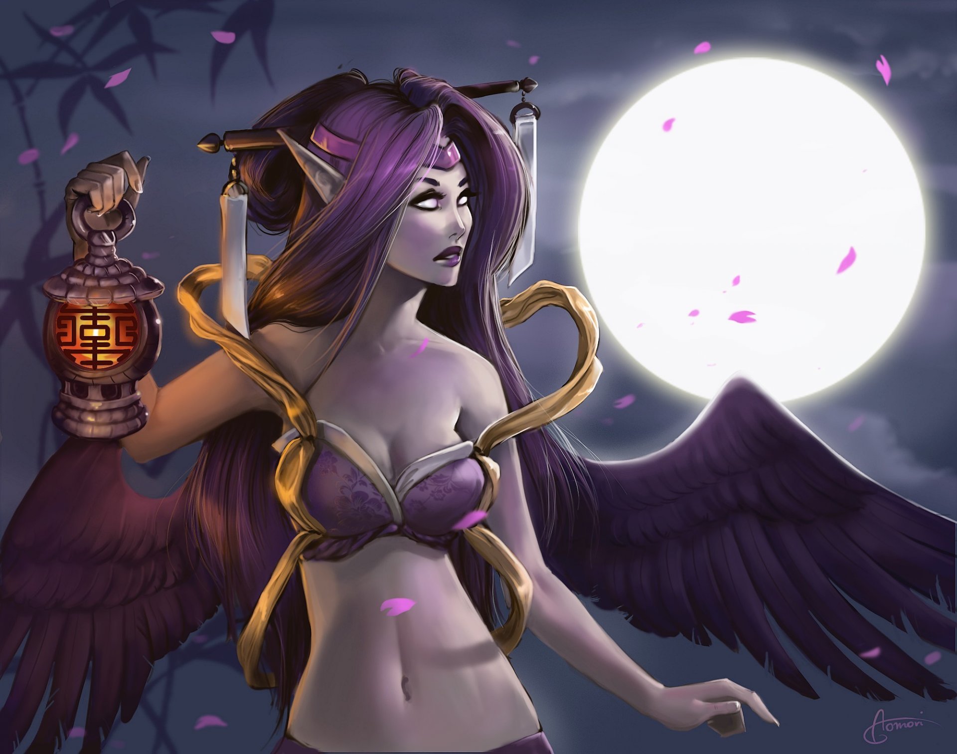 art aomori league of legends morgana girl light ears wings moon night petal