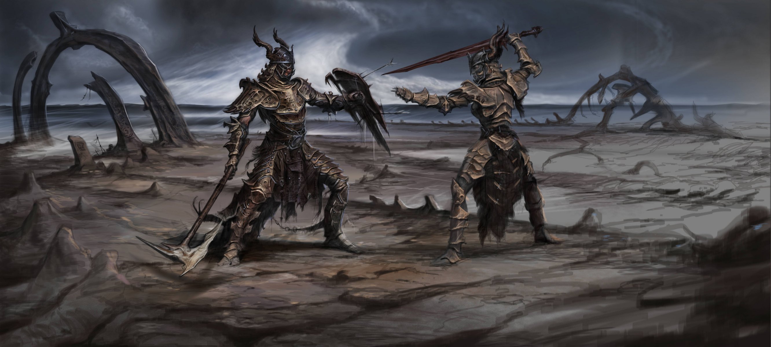 the elder scrolls v skyrim concept art duel guerres armes épée bouclier