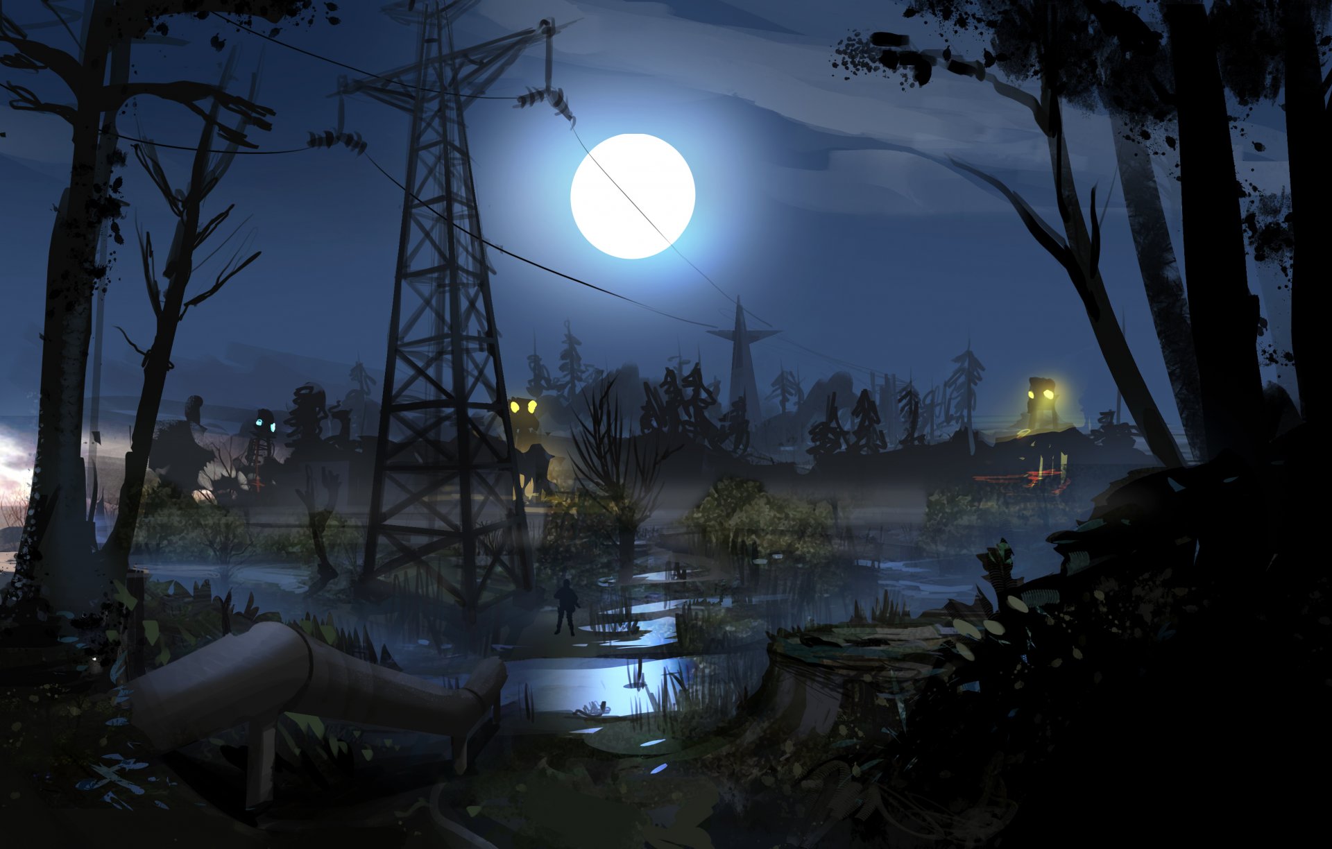 stalker 2 stalker zone ukraine nacht mond soldat rohre sumpf