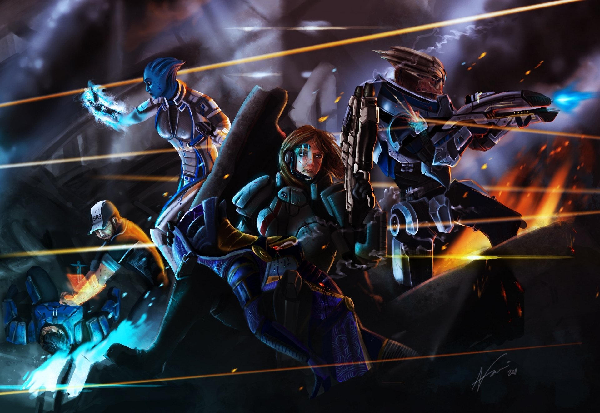 mass effect shepard tali garrus joker liara combat coups de feu sang blessure feu art par arki