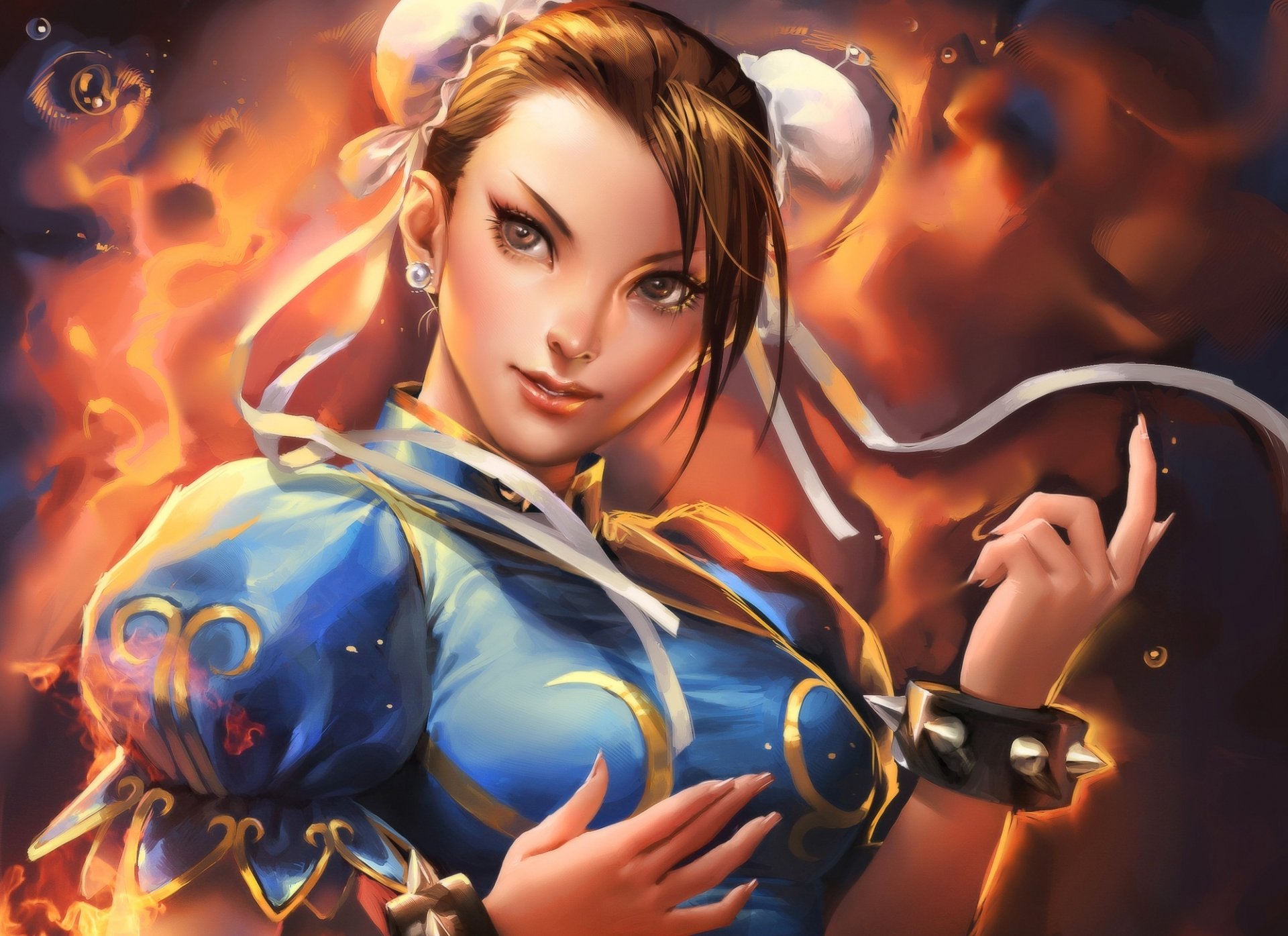 arte sakimichan street fighter chun-li gioco ragazza nastro fuoco braccialetto