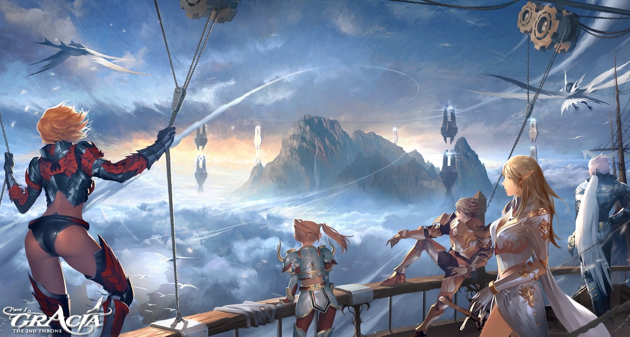 lineage 2 charaktere schiff am himmel fliegen vögel berge felsen