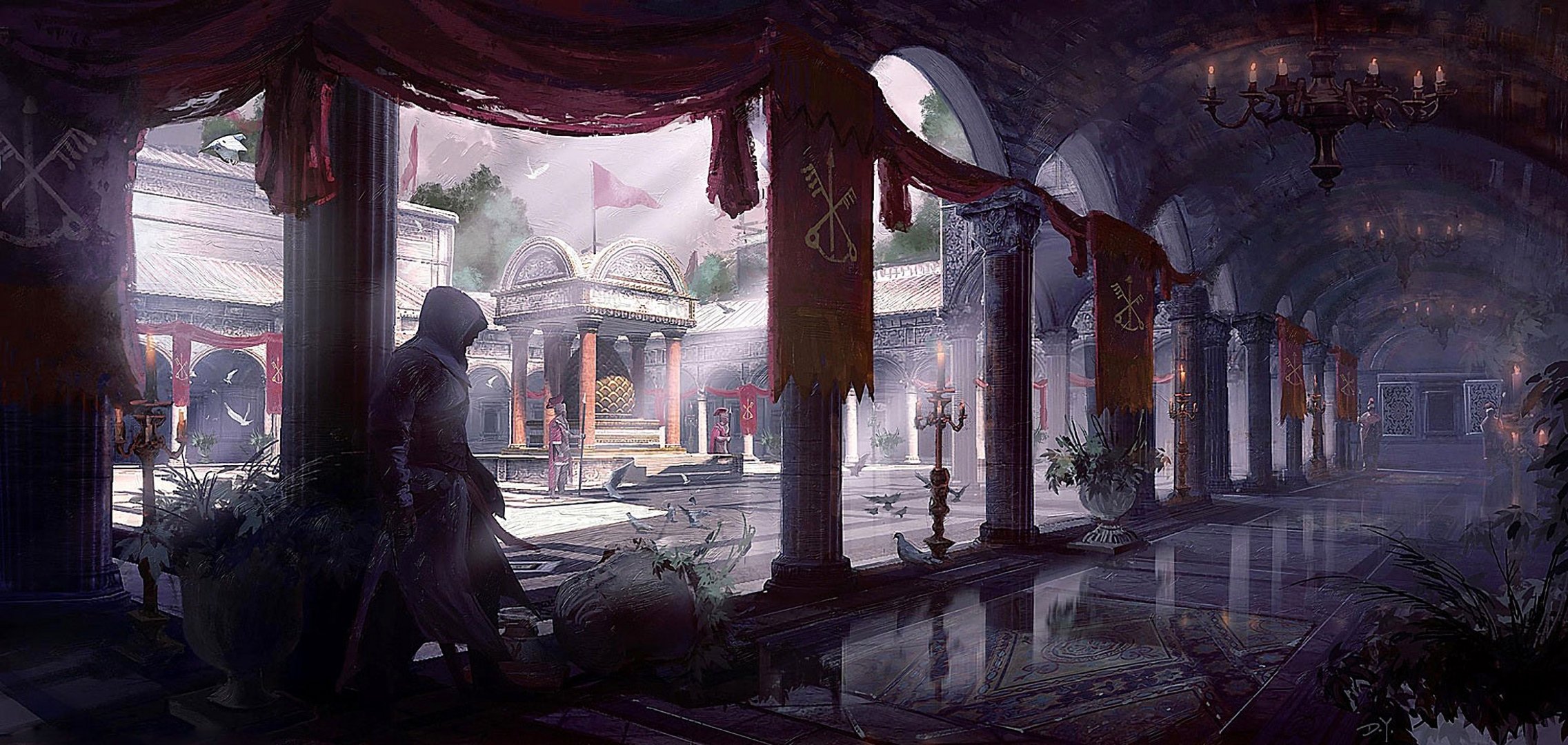 art donglu yu assassin creed fraternité bâtiment colonnes cour bougies