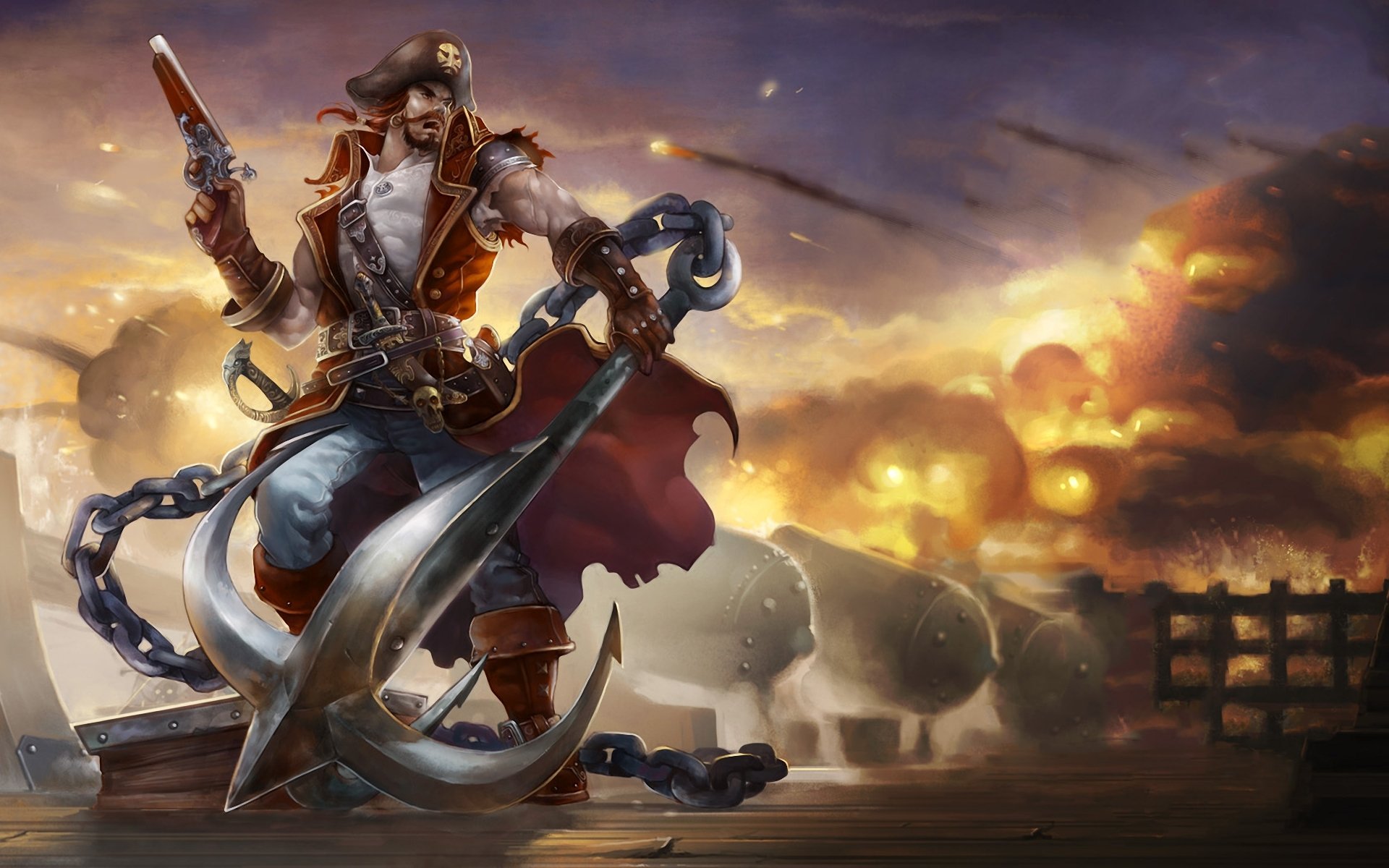 league of legends hombre pirata ancla arma barco cubierta cañón fuego humo pistola cadena