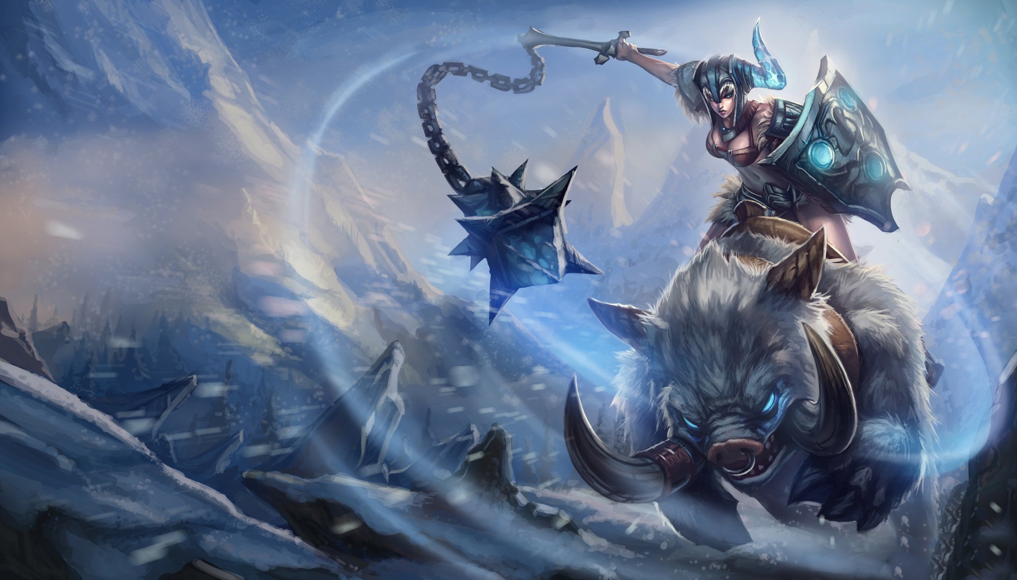 league of legends sejuani kunst knockwurst mädchen wildschwein schnee schild