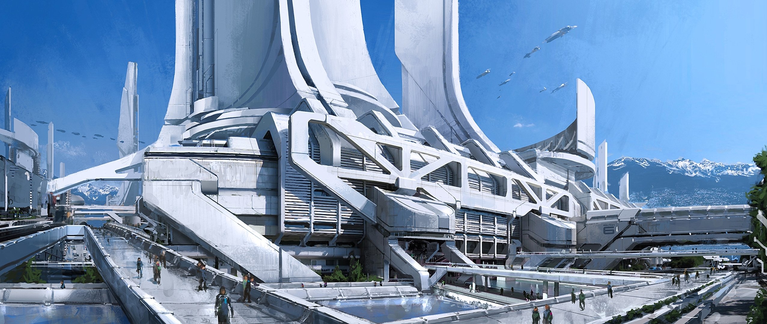 mass effect 3 arte conceptual ciudad thessia montañas torres transporte