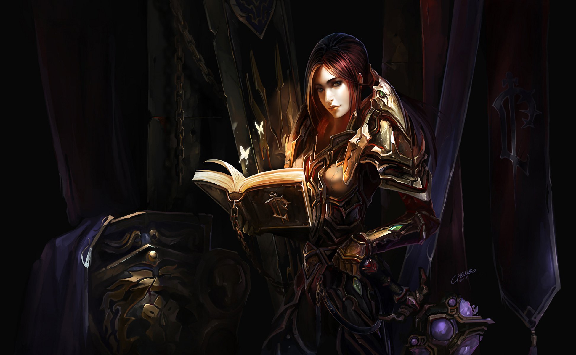 world of warcraft wow chenbo fille guerrière armure livre chaînes bouclier arme