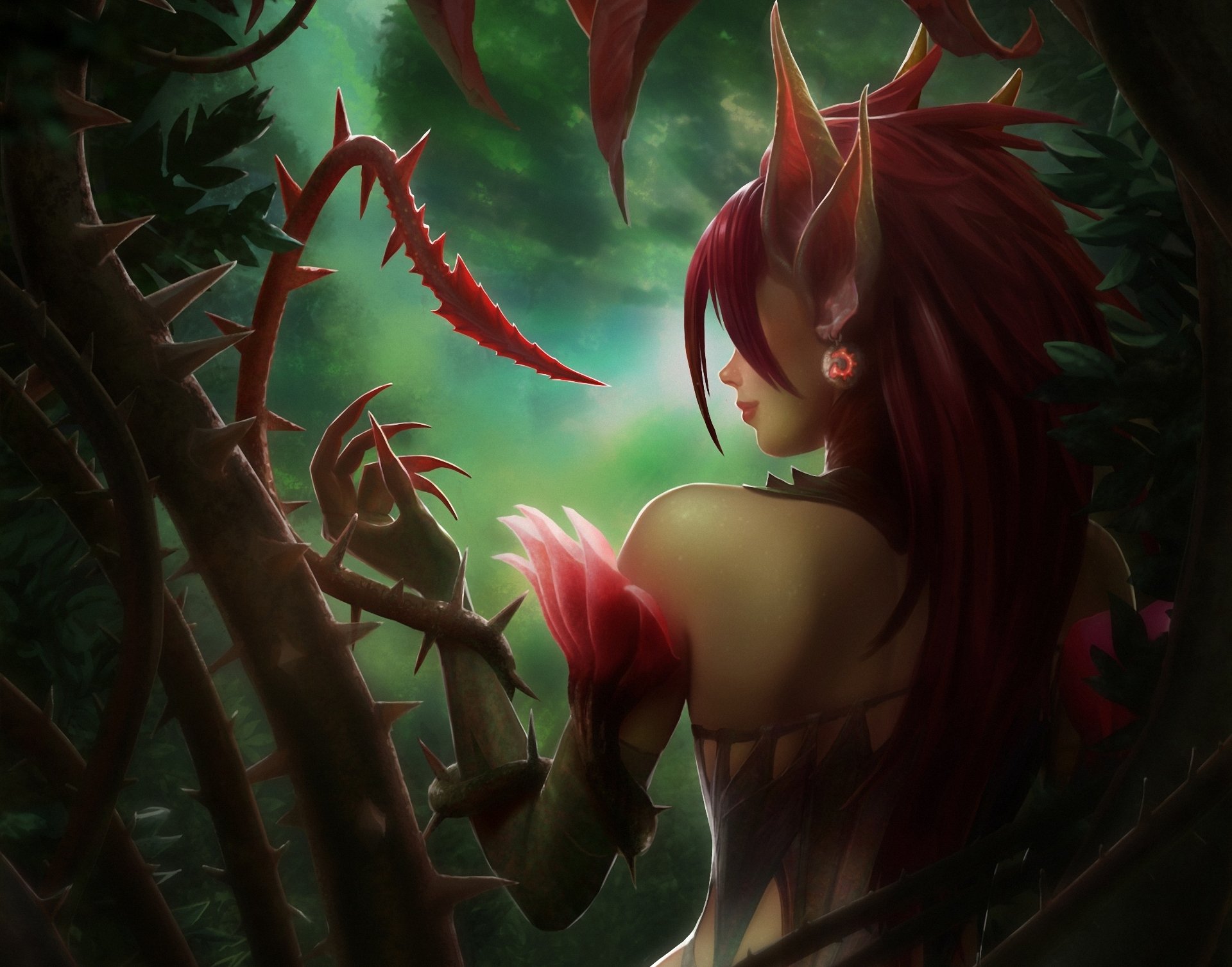 league of legends zyra mädchen pflanzen dornen ohren rücken lianen wald krallen