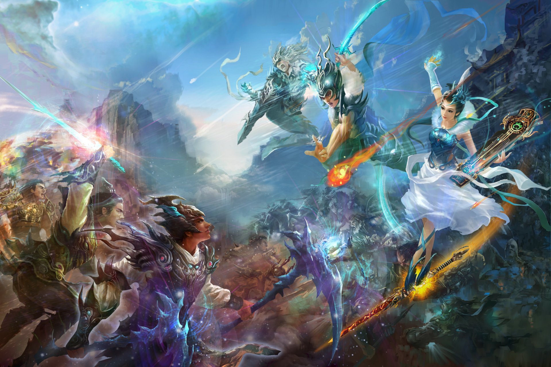 dinastía jade mundo perfecto mmorpg china juego de fondo de pantalla fantasía bárbaros batalla música chica belleza juglar guerreros espadas armaduras fuego jade cielo montañas