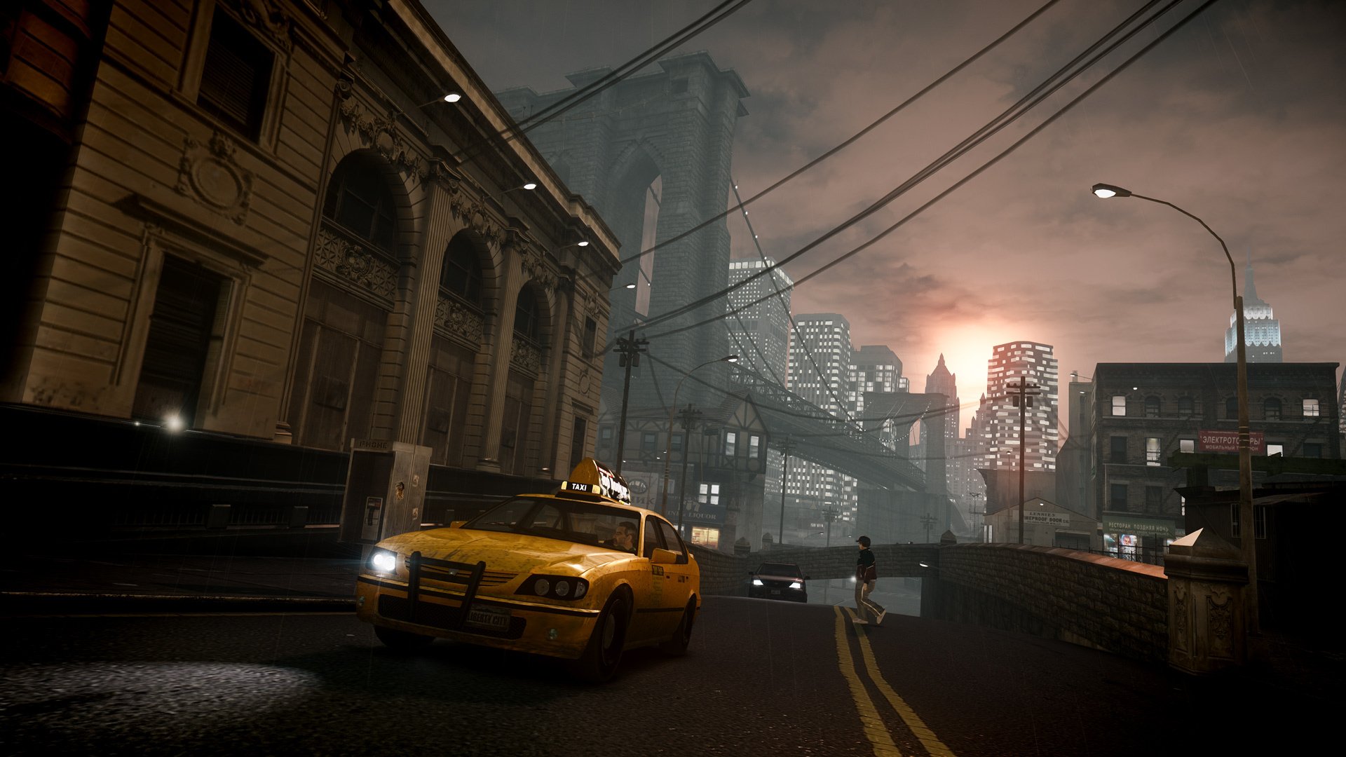 grand theft auto iv new york taxi pont pluie soir coucher de soleil