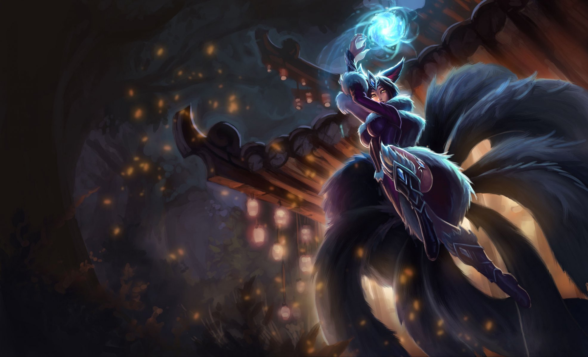 arte knockwurst liga de leyendas medianoche ahri chica noche magia colas linternas techo orejas