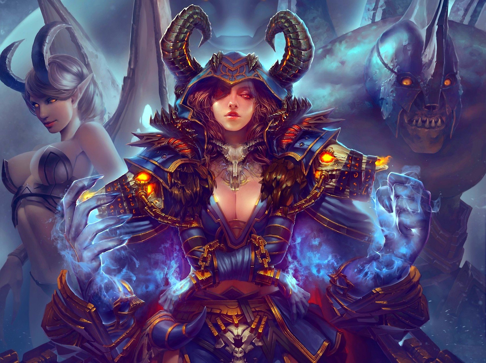 art haoyuan world of warcraft dziewczyna demon rogi skrzydła potwór zbroja łańcuchy kajdanki magia