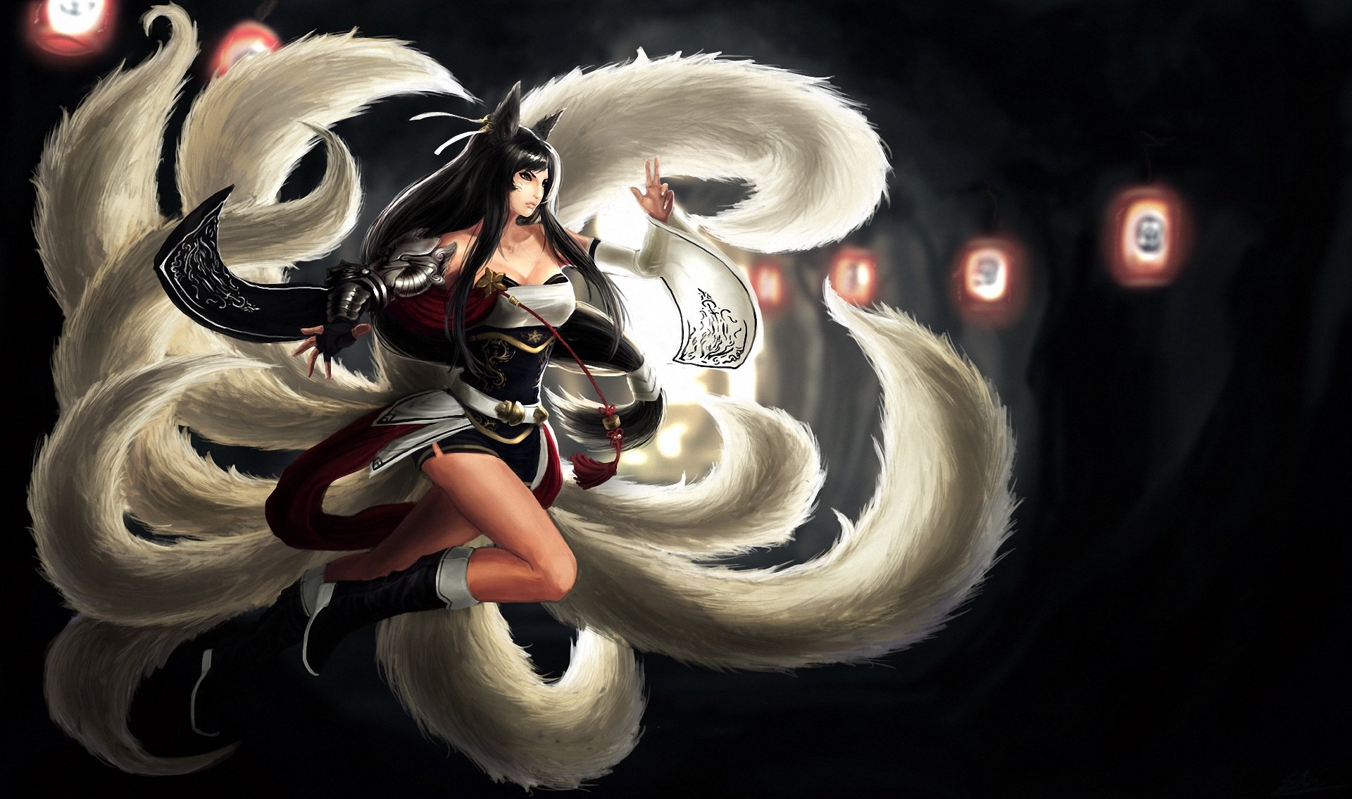 league of legends art ahri girl lamps tails ear