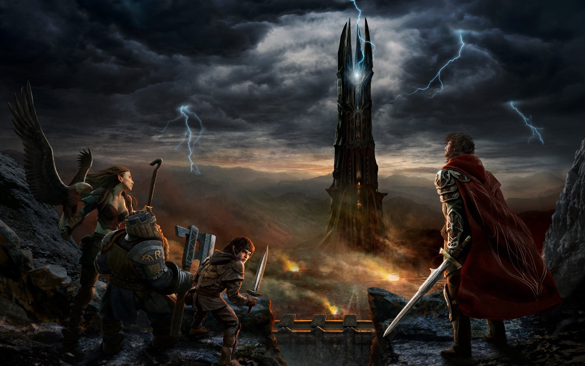 el señor de los anillos el ascenso de isengarde fortaleza torre relámpagos mordor el hobbit elfo enano pájaro guerrero arma bastón espada