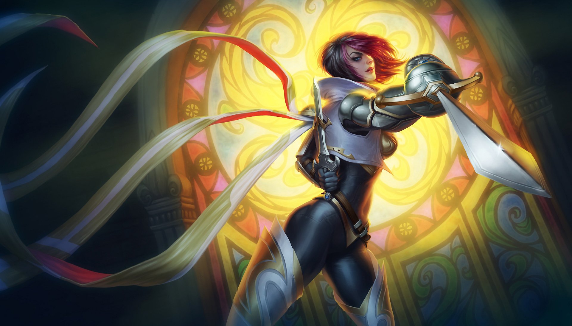 league of legends lol fiora chica armadura cuchillas vidrieras mirada cintas estocada