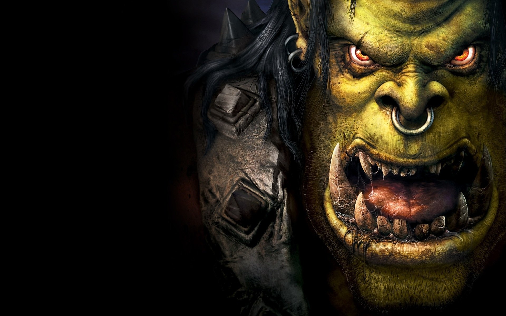 warcraft 3 chaos-herrschaft orks warcraft 3 kriegshandwerk chaos-macht monster gesicht augen glanz nase ring maul zähne zunge sabbern rüstung