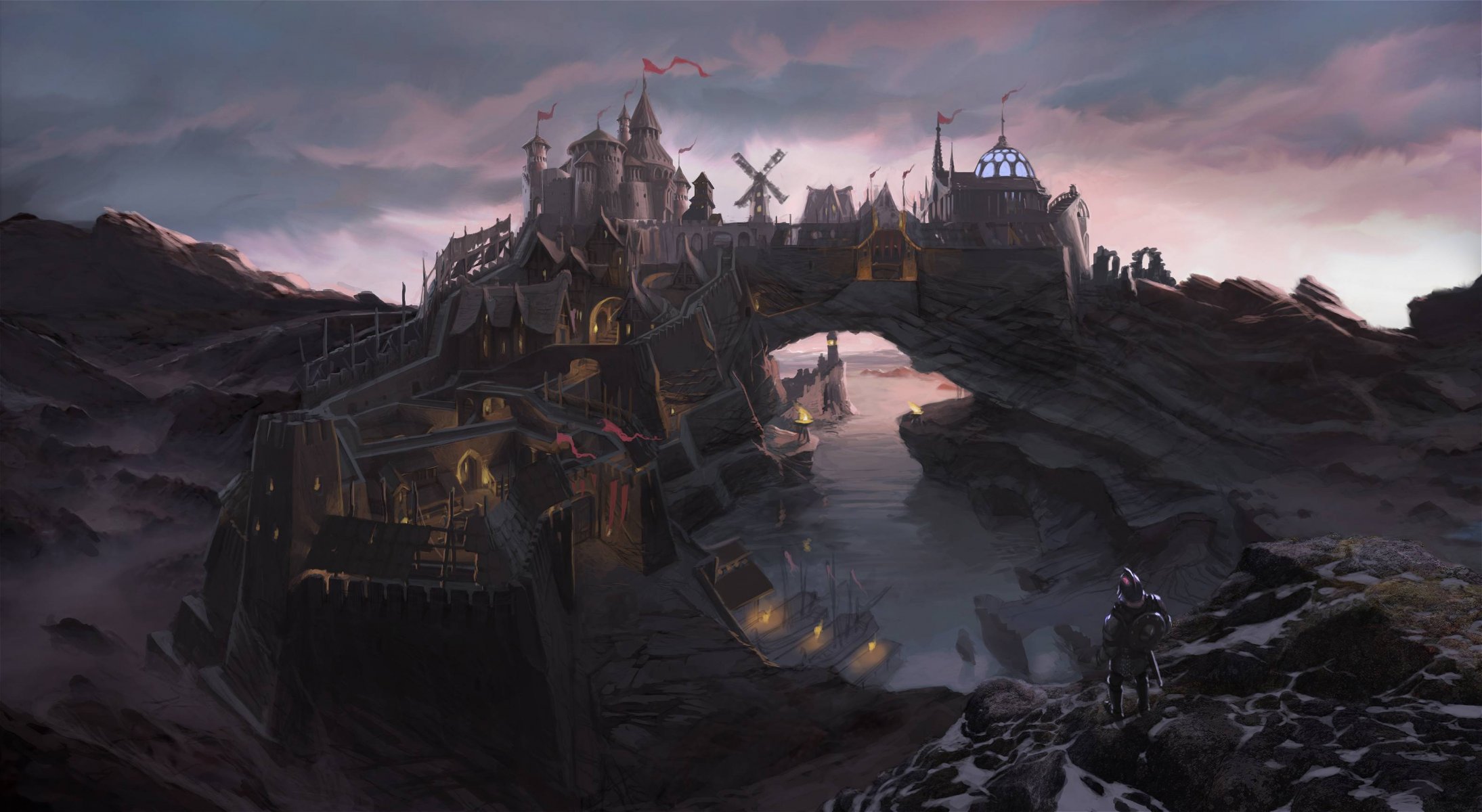 the elder scrolls v skyrim concept art città solitudine solitudine uomo ponte fortezza rocce baia fiume