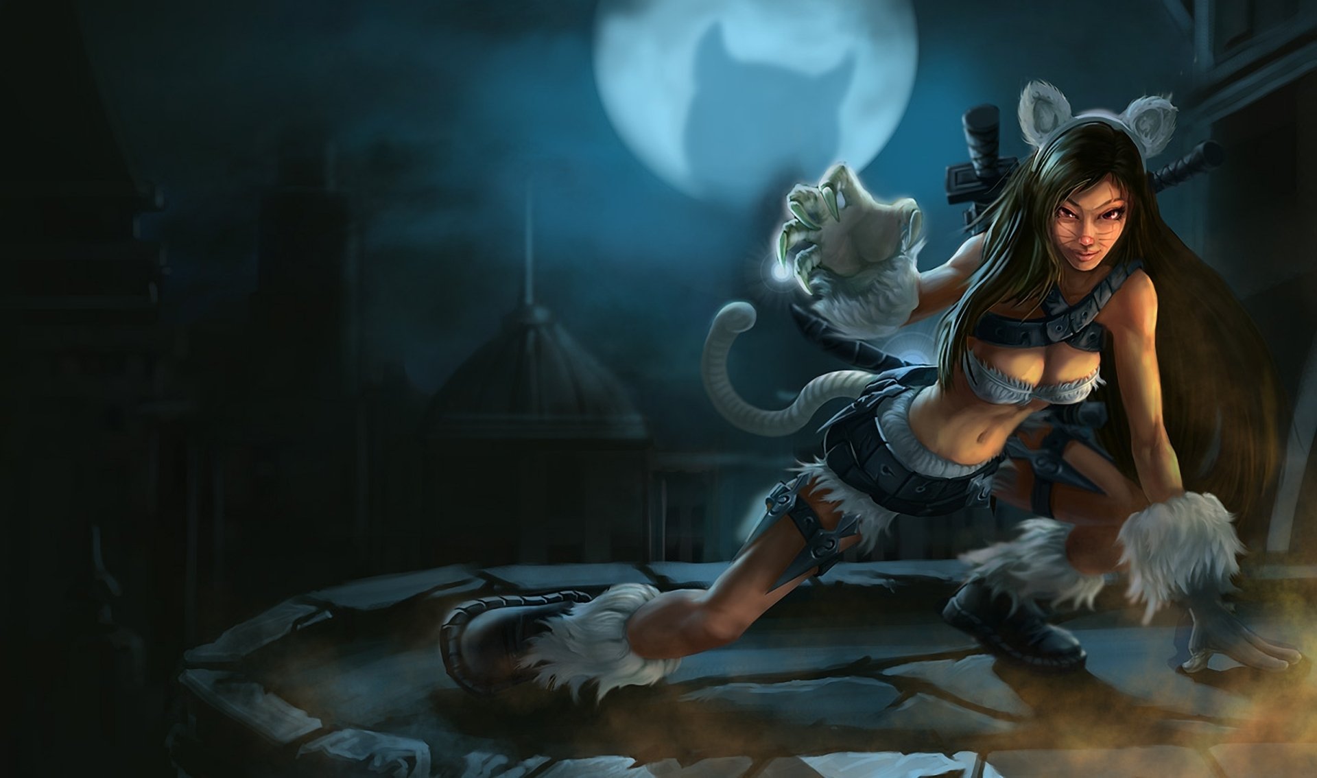 league of legends katarina girl night ears tail weapon town moon shadow cat daggers knive