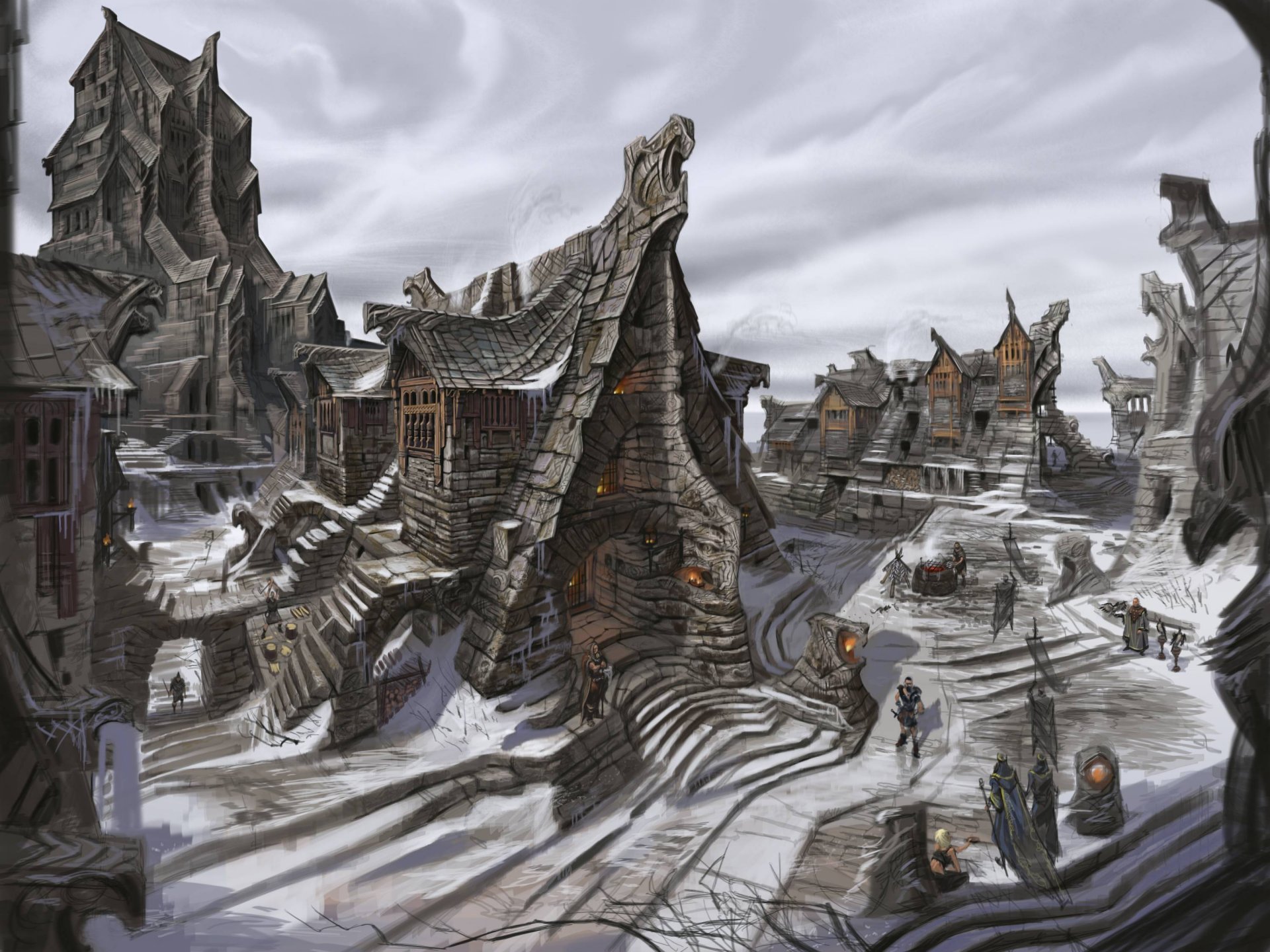 the elder scrolls v skyrim konzeptkunst windhelm stadt winter schnee menschen