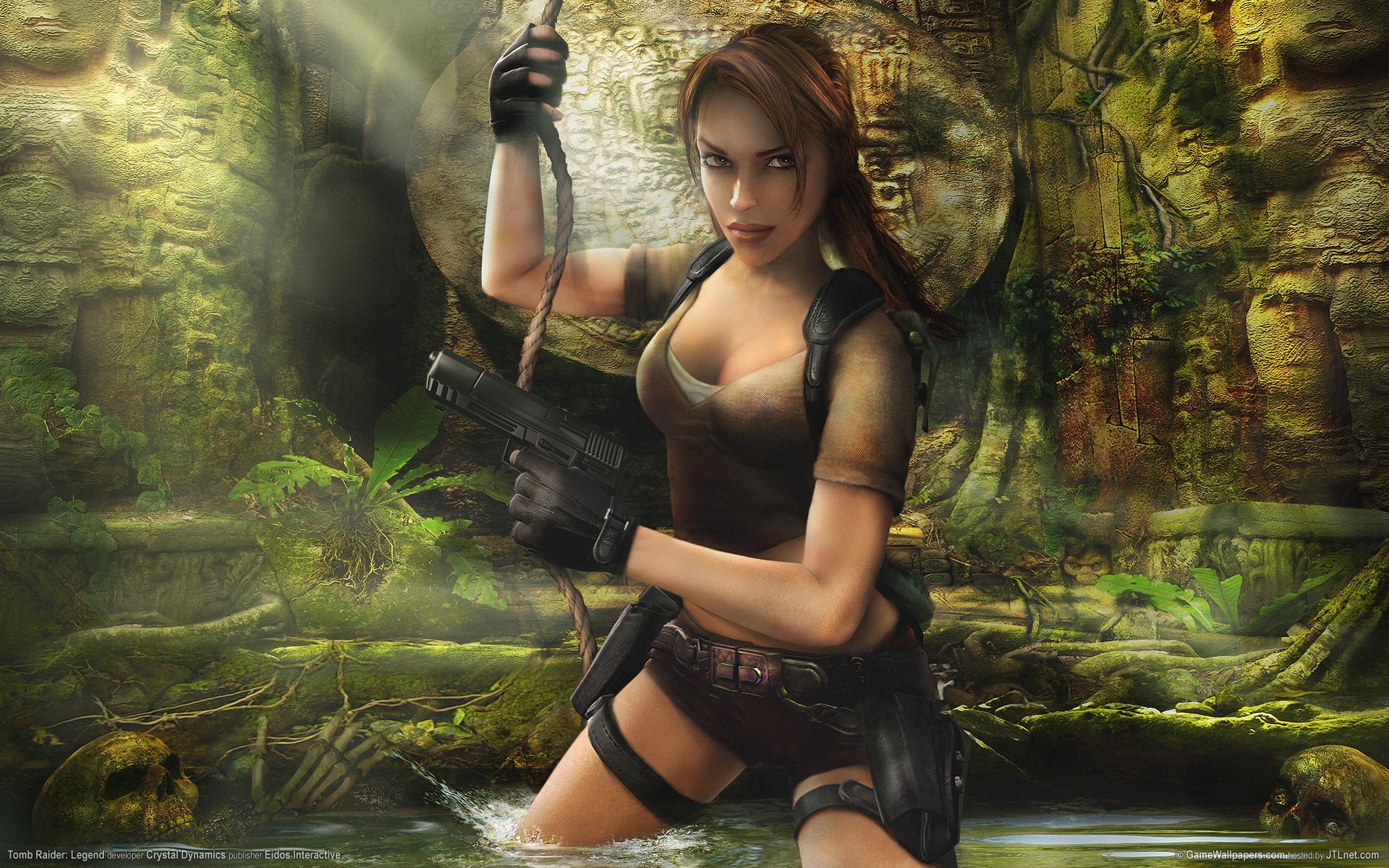 tomb raider: legend lara croft wallpaper spiele mädchen waffen ruinen schädel grabräuber statuen hieroglyphen höhle dschungel