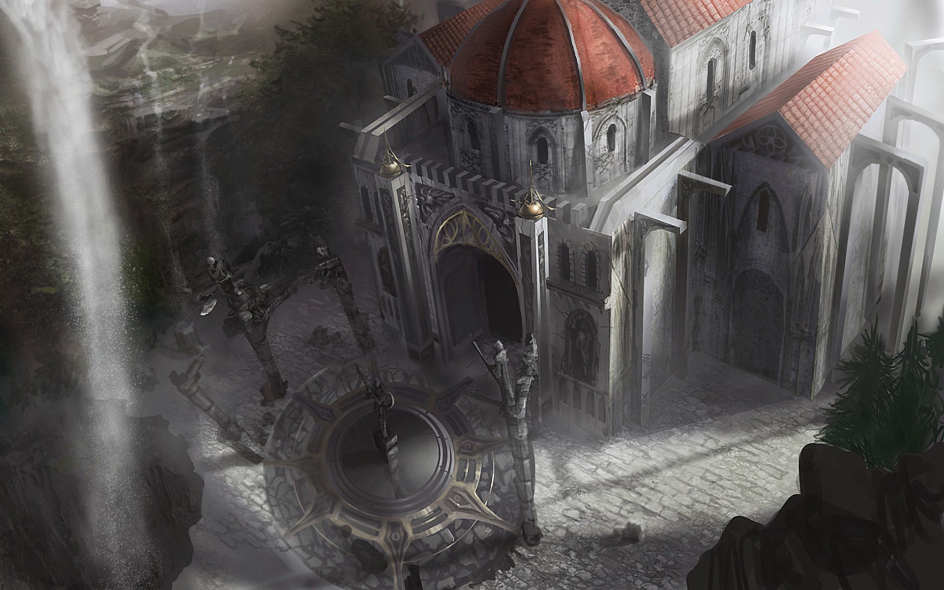 dungeon siege 3 concept art edificio cupola cascata statua