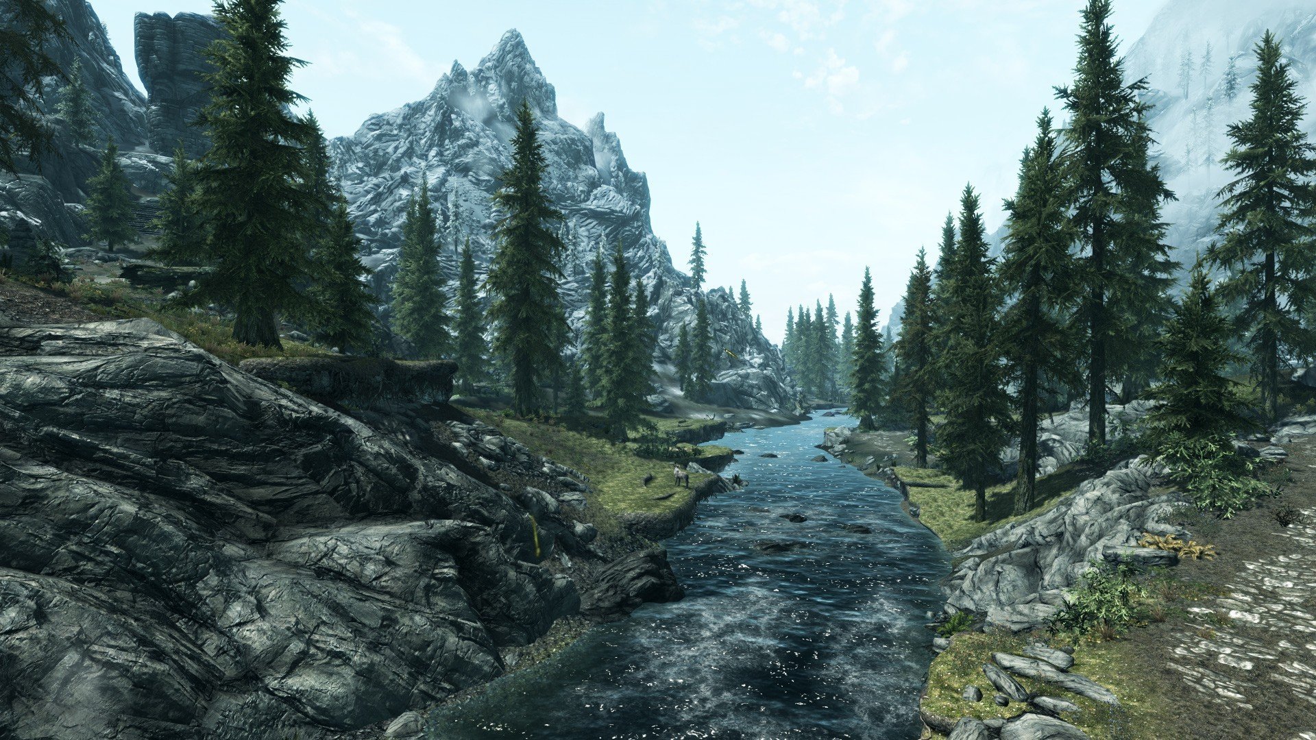 the elder scrolls v skyrim paysage rivière montagnes arbres