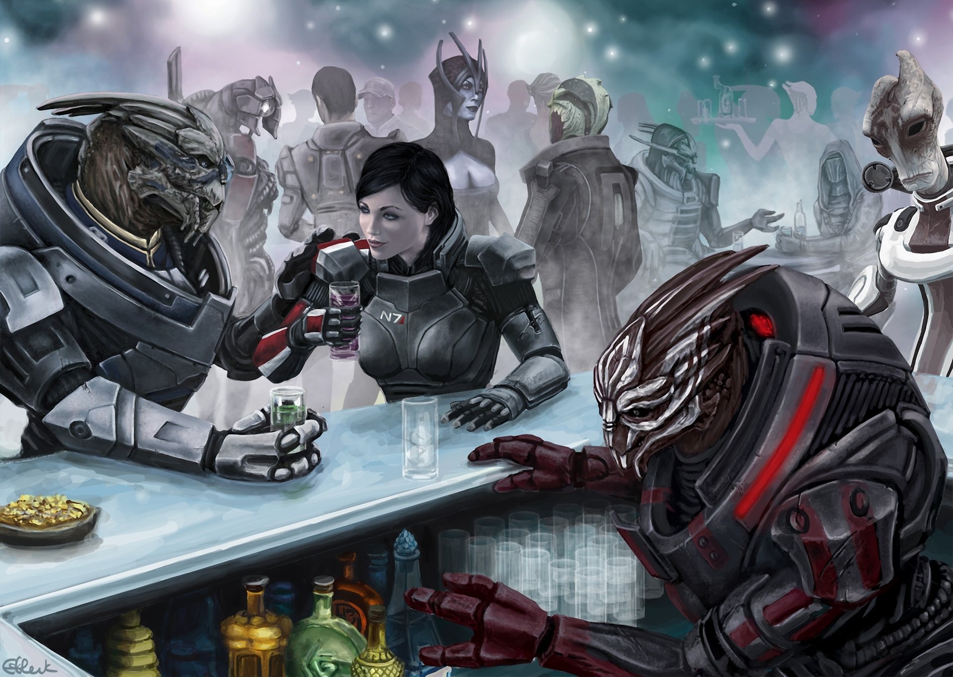 fanart me3 mass effect 3 garrus vacariana comandante shepard capitán mujer bar bebida turianos salarianos drell legión