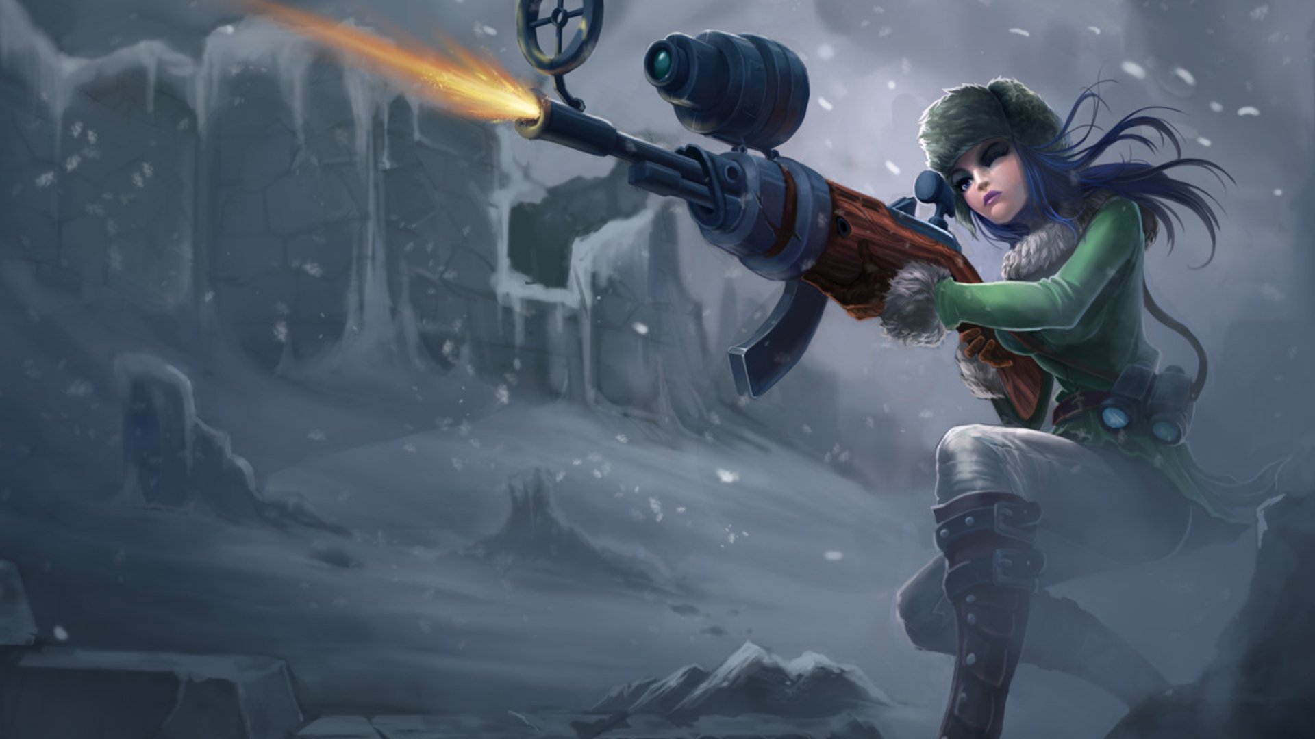 league of legends girl weapon shooting snow winter caitlyn officer