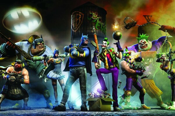 Background of Gotham City impostors in bright colors