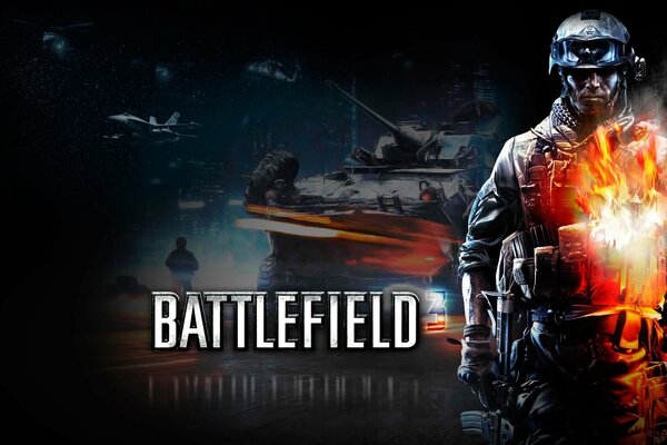 Горящий солдат из battlefield 3 на фоне танка