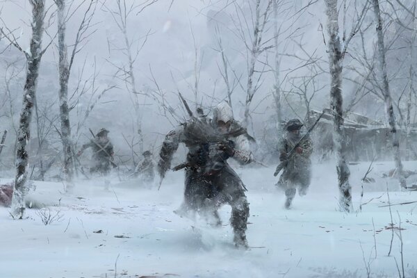 Winter landscape soldiers in the forest battle