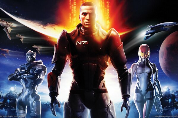 Soldat N7 von Mass effect vor dem Hintergrund von fliegenden Raumschiffen