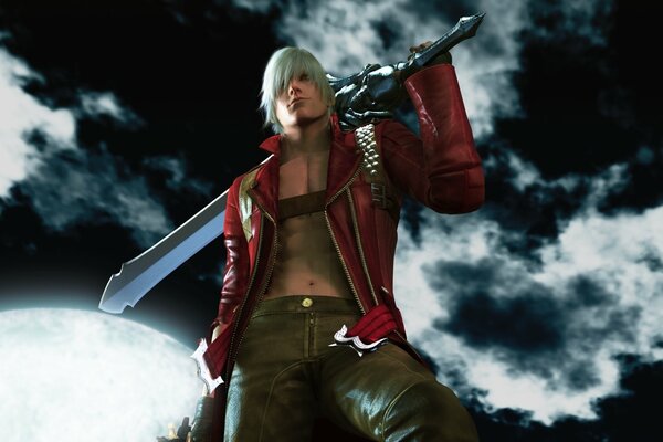 Dante con la espada detrás de la espalda. Luna brillante