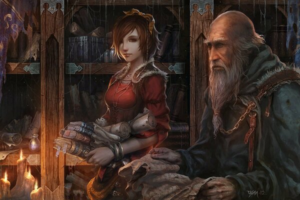 This painting by Deckard Cain a girl with her grandfather lit candles in the library