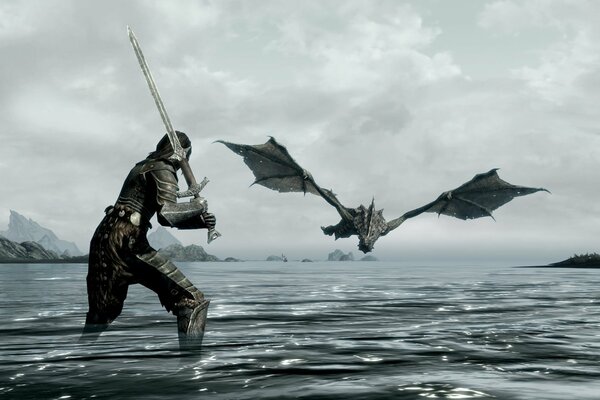The confrontation of a warrior and a dragon in the sea
